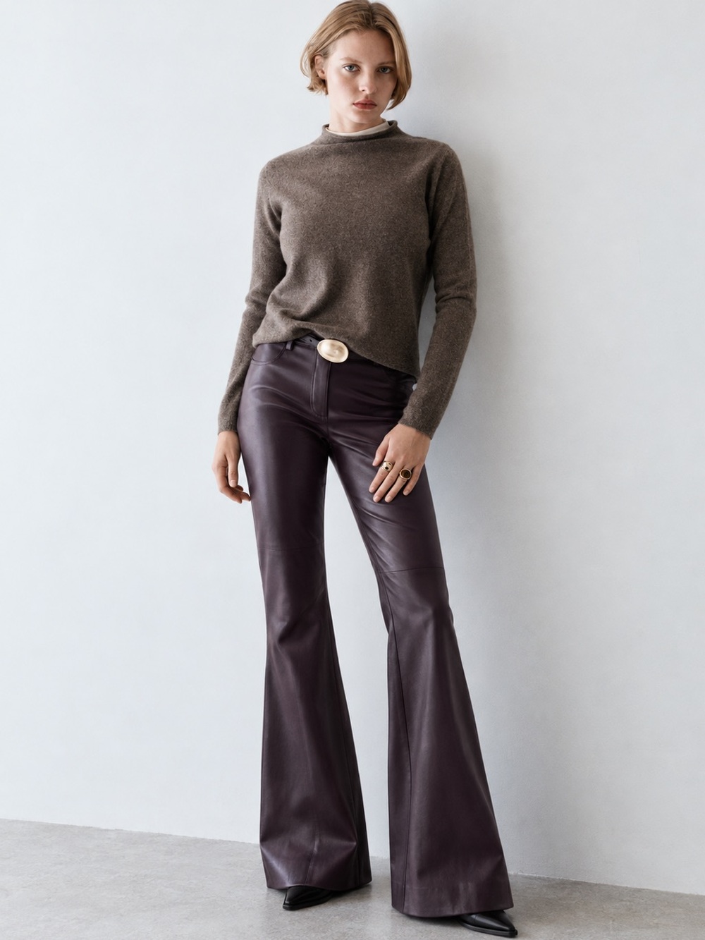 Mango Plum Faux- Leather Flair Trousers